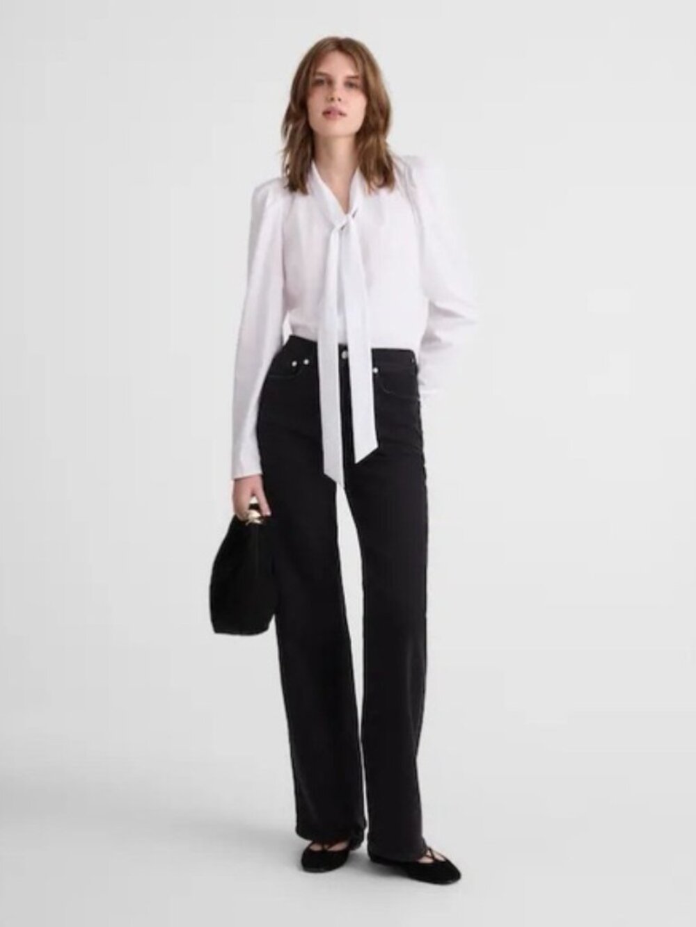 Madewell White V-Neck Long Sleeve Button Front Tie Neck Top S NWT